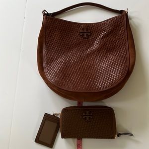 Brown braided leather Tory Burch shoulder bag with matching wallet